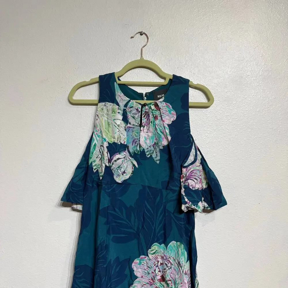 Anthropologie  Maeve Teal Elia Cold Shoulder Floral Mini Dress Sz 2 NWT - Picture 3 of 15